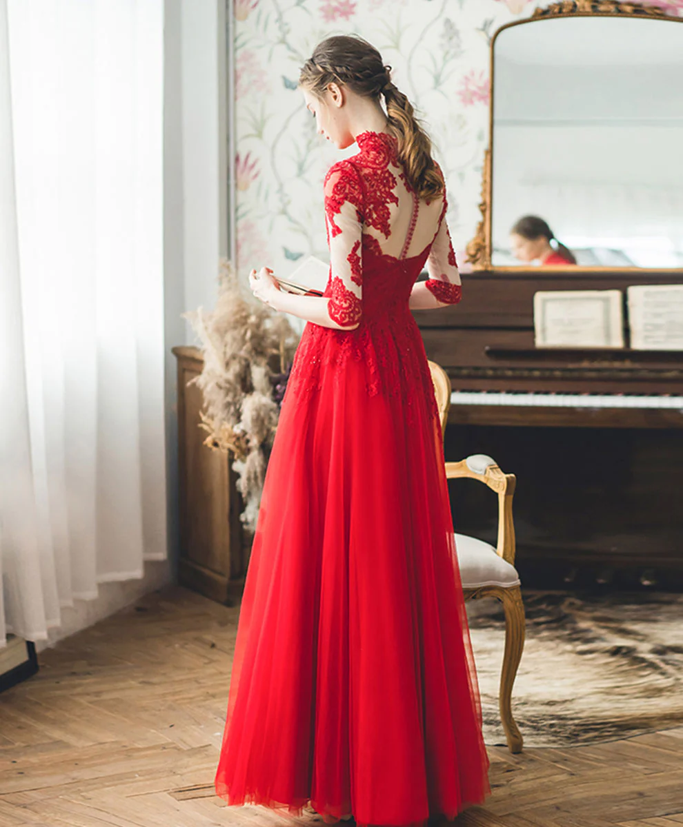 Red High Neck Tulle Lace Long Prom Dress, Red Lace Formal Dress - Deanwangkt