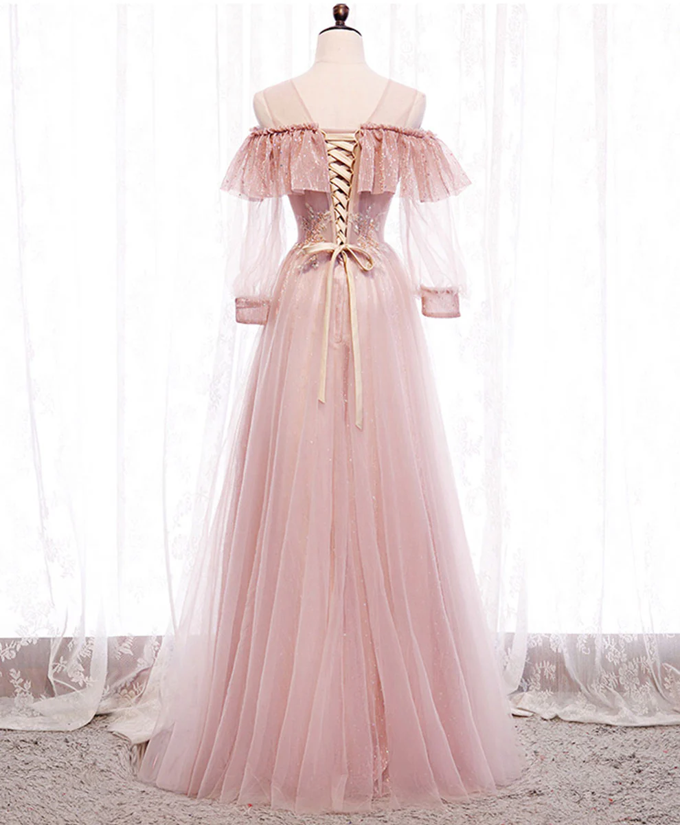 Pink Round Neck Tulle Lace Long Prom Dress Pink Lace Evening Dress - Deanwangkt