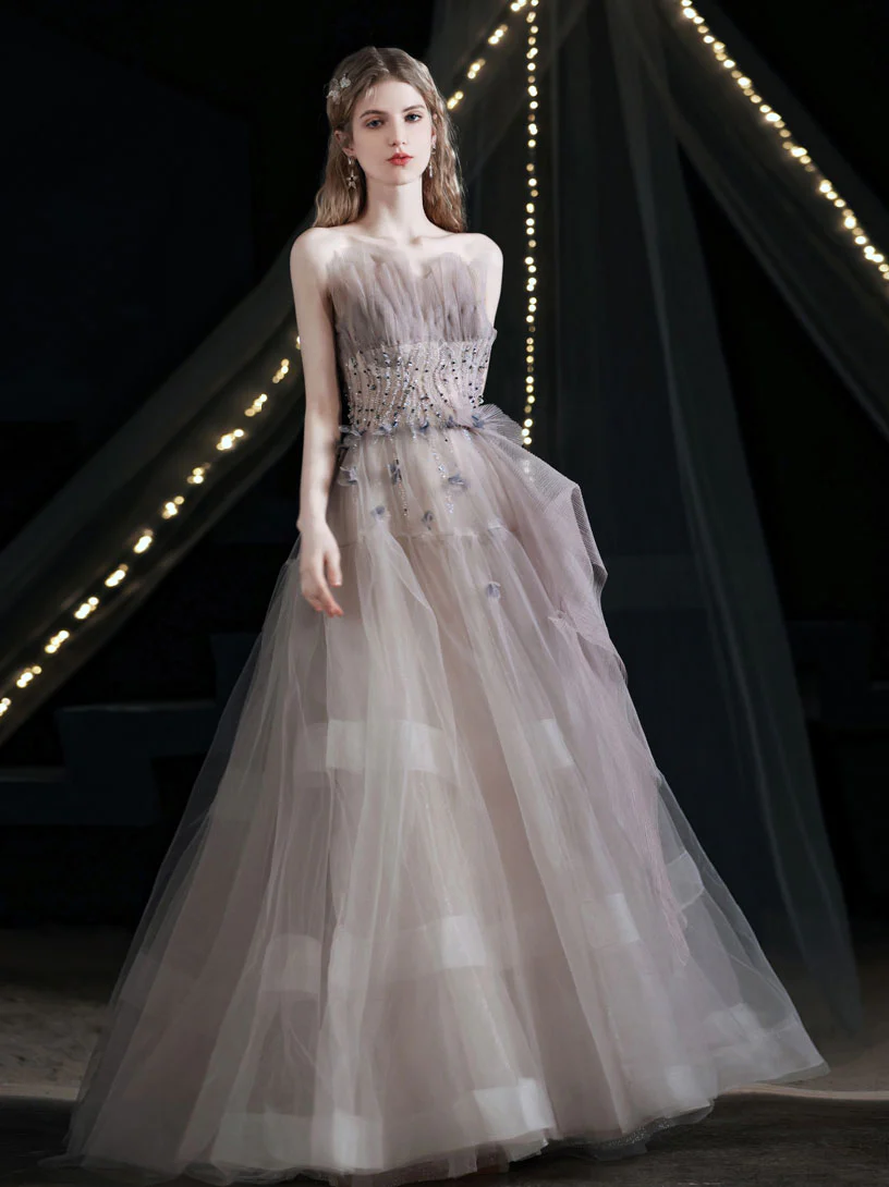 Unique Tulle Beads Long Prom Dress, Light Purple Tulle Evening Dress - Deanwangkt
