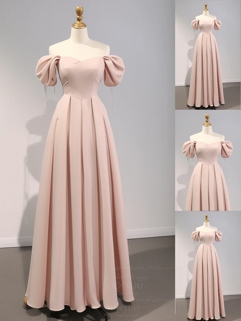 A-Line Puff Sleeves Satin Pink Long Prom Dress, Pink Long Bridesmaid Dress - Deanwangkt