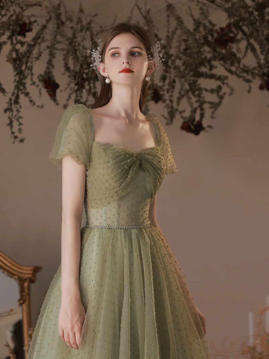 A-Line Green Tulle Long Prom Dresses, Green Tulle Formal Evening Dress - Deanwangkt