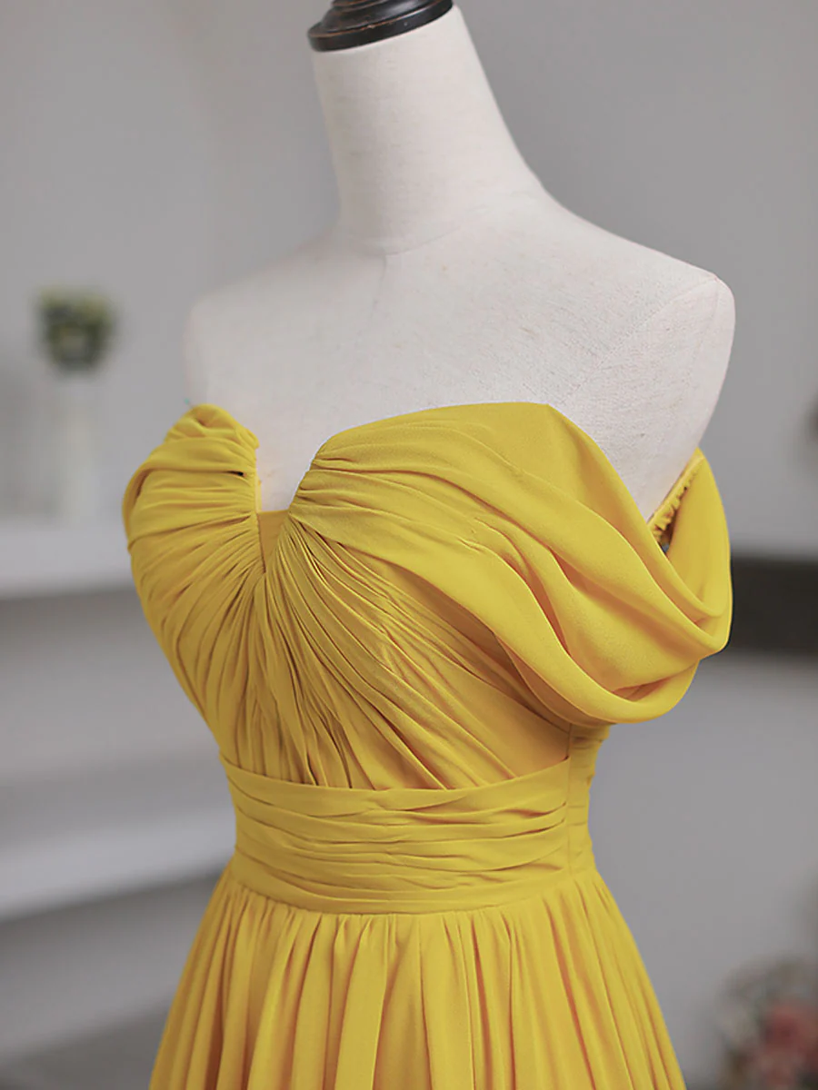 Simple Yellow Off Shoulder Long Prom Dress, Yellow Chiffon Graduation Dresses - Deanwangkt