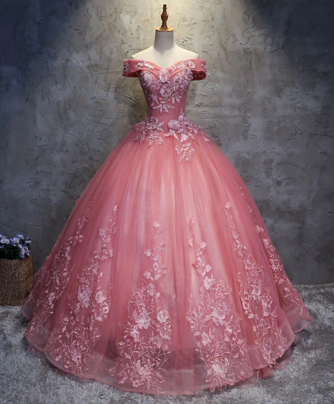 Pink Tulle Lace Off Shoulder Long Prom Dress Pink Tulle Evening Dress - Deanwangkt