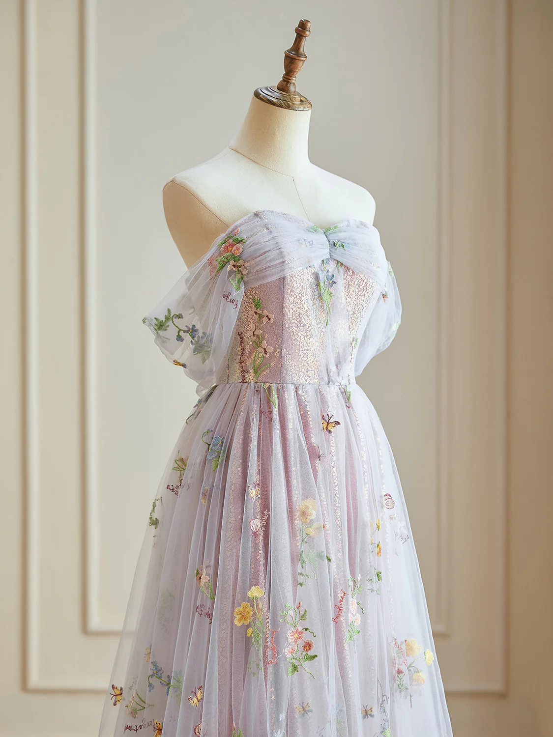 A-Line Off Shoulder Tulle Lace Sequin Purple Long Prom Dress, Purple Sequin Long Evening Dress - Deanwangkt