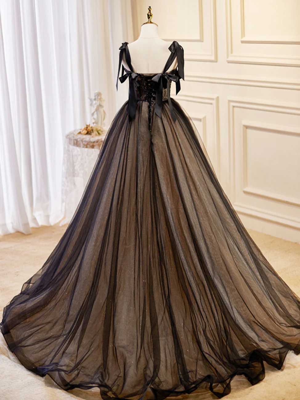 A-Line Tulle Lace Black Long Prom Dress, Black Formal Evening Dresses - Deanwangkt