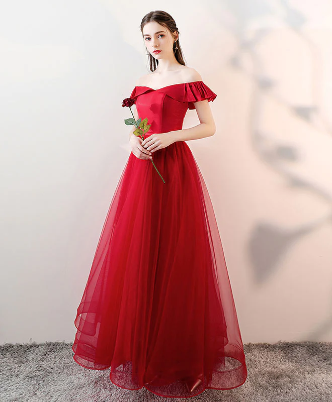 Simple Burgundy Tulle Long Prom Dress, Burgundy Tulle Evening Dress - Deanwangkt