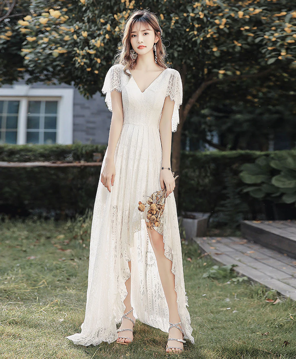 White V Neck Lace High Low Prom Dress White Lace Formal Dress - Deanwangkt