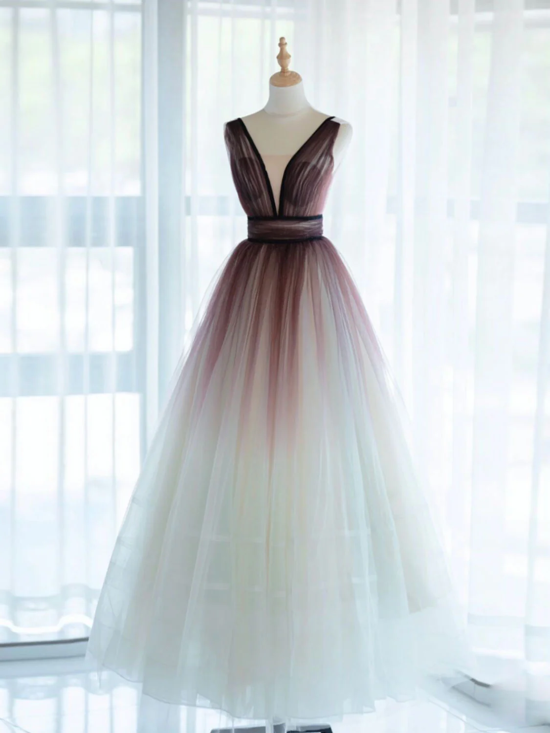 A-Line V Neck Tulle Long Brown Prom Dresses, Tulle Long Evening Dresses - Deanwangkt