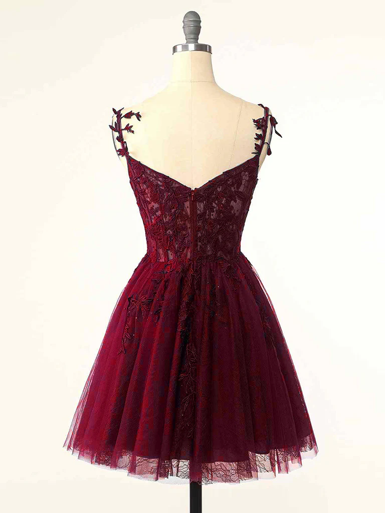 Burgundy A-Line Tulle Lace Short Prom Dress, Cute Burgundy Homecoming Dress - Deanwangkt