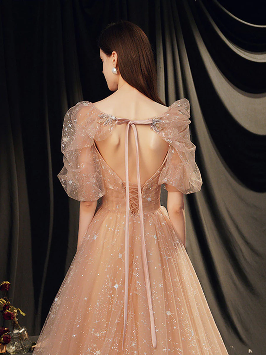 Champagne A-line Tulle Long Prom Dress Champagne Evening Dress - Deanwangkt