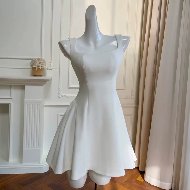 Trendy A line Square White Satin Sleeveless Formal Short 8th Grade Homecoming Dress Summer Middle School Hoco Dresses Cocktail Dress Birthday Outfits W919 - Deanwangkt