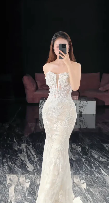 Elegant Strapless Mermaid Long Wedding Dresses Tulle Applique White Bridal Gowns Sleeveless Bridal Dresses DP3763 - Deanwangkt