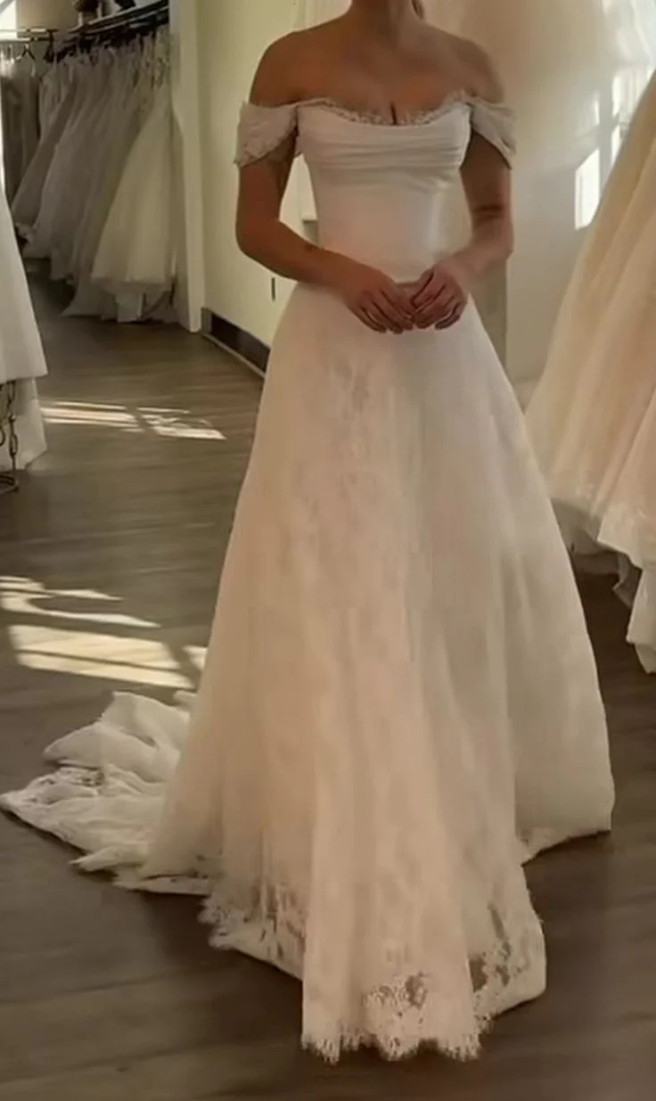 Princess Bridal Dress Mermaid Off The Shoulder Lace Wedding Dress With Short Sleeves Wedding Dresses Modest Wedding Gowns DH1427 - Deanwangkt