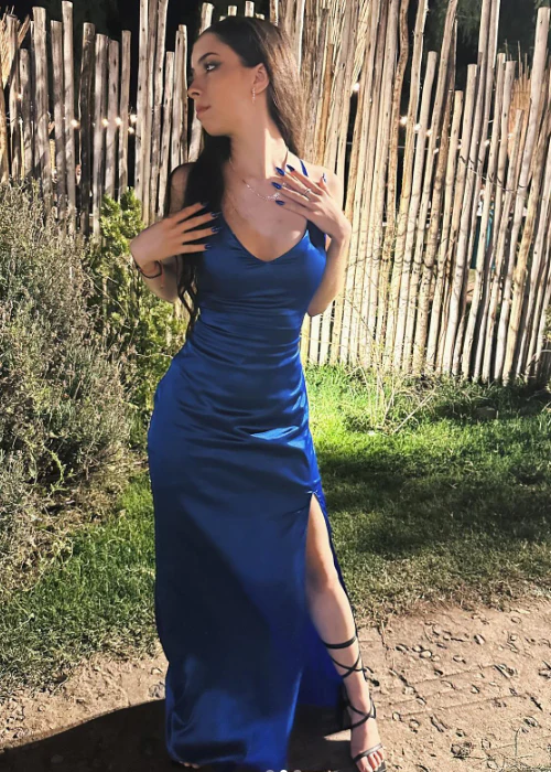 Chic Spaghetti Strap Sheath Long Prom Dresses Satin Navy Blue Evening Dresses with Slits DP3726 - Deanwangkt