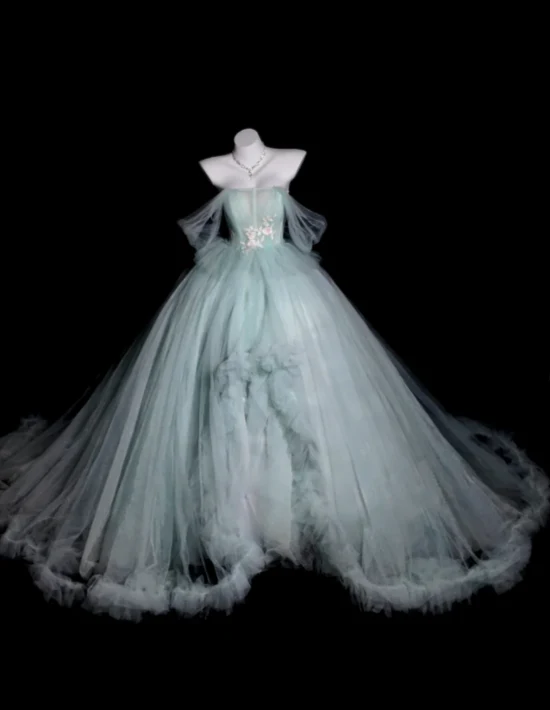 Fairy Off-the-Shoulder Ball Gown Long Prom Dresses Tulle Light Green Quinceanera Dresses Sweet 16 Dresses DP3689 - Deanwangkt