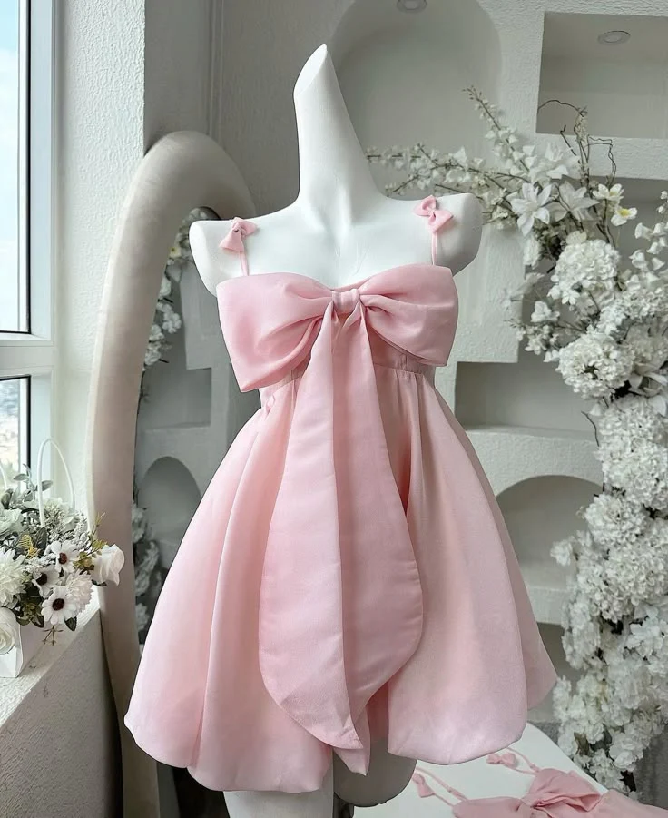 Vintage A line Spaghetti Straps Pink Satin Bow-knot Short Mini Formal 8th Grade Homecoming Dresses Summer Middle School Hoco Dress Birthday Outfits W1188 - Deanwangkt
