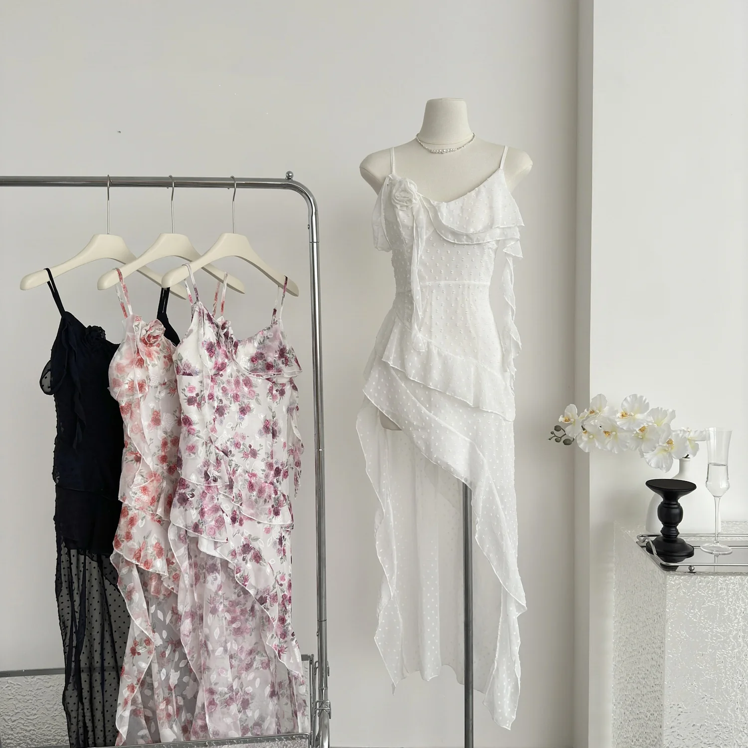 Sexy High Low Spaghetti Straps Floral Summer Dress Holiday Party Outfits For Women DP0080 - Deanwangkt