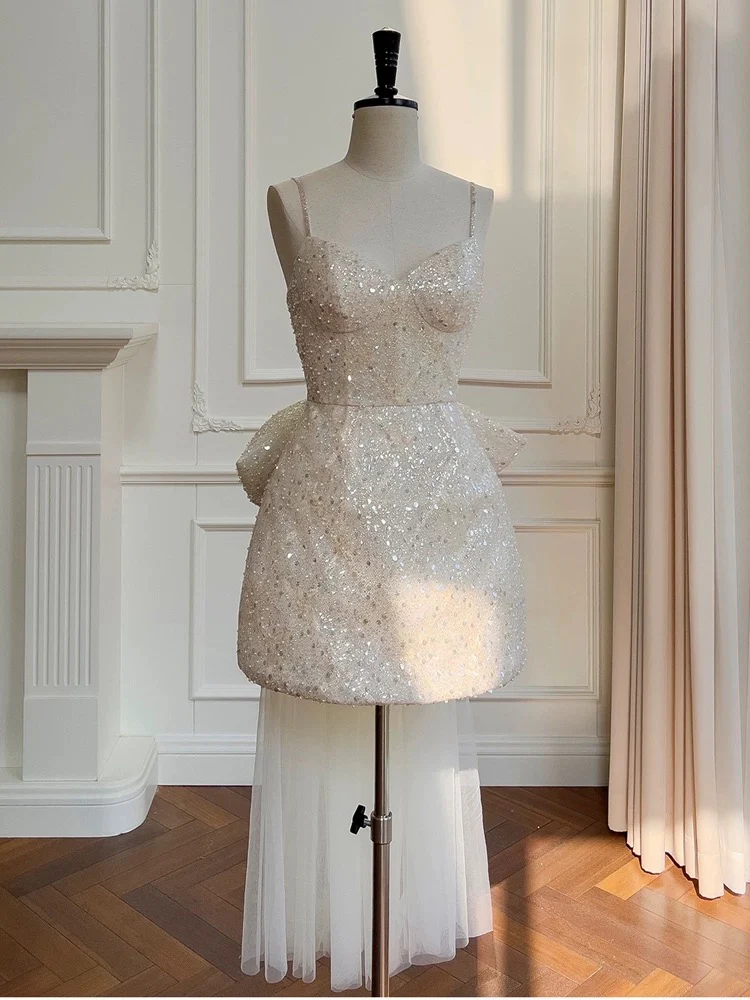 Cute A line Spaghetti Straps Champagne Sequin Formal Short 8th Grade Homecoming Dress Summer Middle School Hoco Dresses Birthday Outfits W982 - Deanwangkt