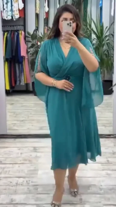 Glam V Neck Sheath Wedding Guest Dresses Chiffon Teal Mother of the Bride Dresses DP3715 - Deanwangkt