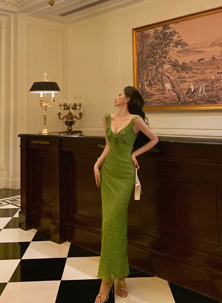 Vintage Mermaid V Neckline Green Floral Sleeveless 18th Birthday Dress Party Gown Birthday Outfits For Women DP0202 - Deanwangkt