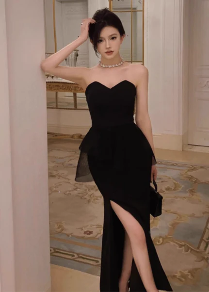 Modest Sheath Sweetheart Neck Long Evening Gown Black Formal Dress Elegant Birthday Dress DP2797 - Deanwangkt