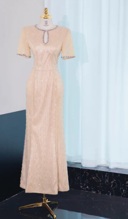 Elegant Jewel Sheath Mother of the Bride Dress Sequined Champagne Wedding Guest Dresses DP3369 - Deanwangkt