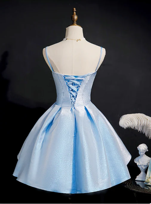 Simple A line Spaghetti Straps Blue Satin Formal 8th Grade Homecoming Dresses Middle School Short Birthday Gowns Graduation Dress Hoco Outfits DH1997 - Deanwangkt