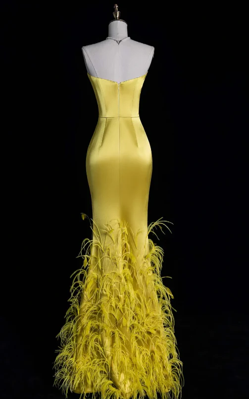 Elegant Sweetheart Mermaid Long Prom Dresses Satin Yellow Formal Dresses Sleeveless Evening Dresses DP3276 - Deanwangkt