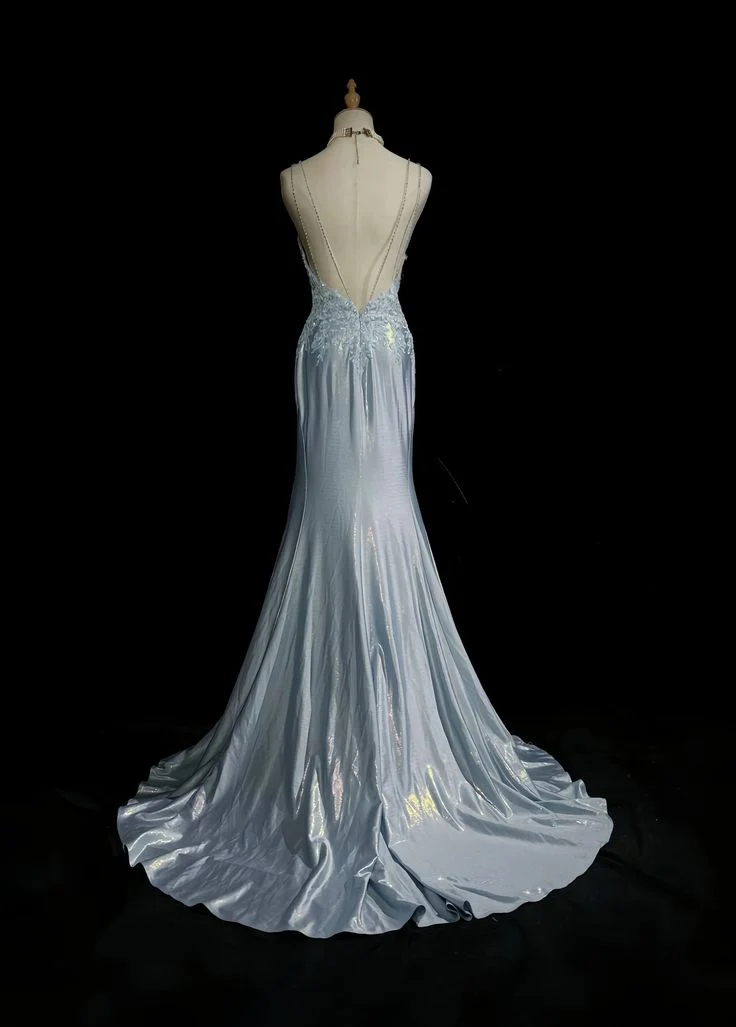 Classy Elegant Blue Spaghetti Strap Prom Gown Pleated Sweetheart Neckline Sexy Backless Prom Dress DP479 - Deanwangkt