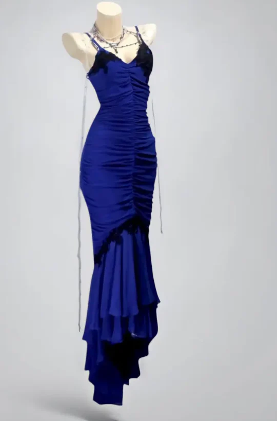 Elegant Spaghetti Strap Mermaid Long Prom Dresses Chiffon Blue Formal Dresses Sleeveless Evening Dresses DP3280 - Deanwangkt