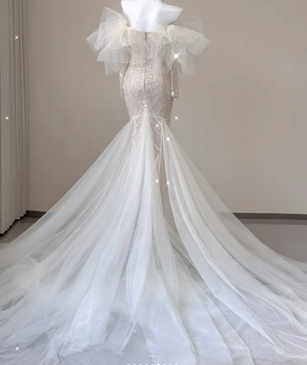 Elegant Mermaid Off The Shoulder Sequin Long Sleeves Wedding Dresses Brides Dress P0008 - Deanwangkt