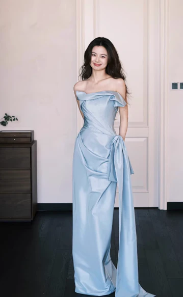 Elegant Blue Sheath Formal Evening Dress Satin Strap Birthday Dress Stunning Graduation Dress DP2836 - Deanwangkt
