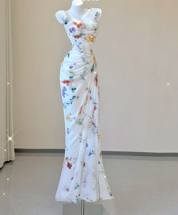 Classy Mermaid Square Neckline Floral Chiffon White Long Prom Dresses P0007 - Deanwangkt