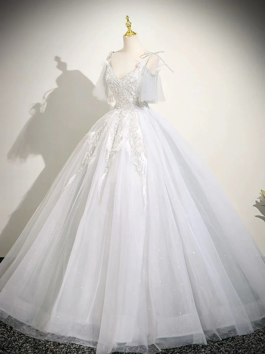 Cute V neck A-Line Tulle Long Prom Dresses, White Sweet 16 Dresses DP3169 - Deanwangkt