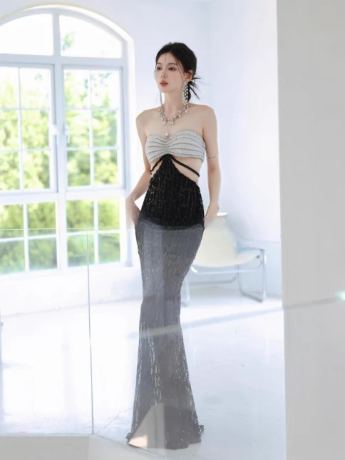 Sexy Strapless Mermaid Long Evening Dresses Beaded Sequin Party Dresses Black Prom Dresses  DP3306 - Deanwangkt