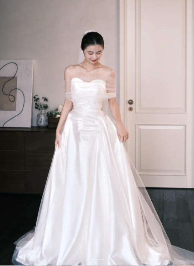 Simple A-Line Satin Long Wedding Dresses, White Bridal Gowns, Sleeveless Bridal Dresses DP3989 - Deanwangkt