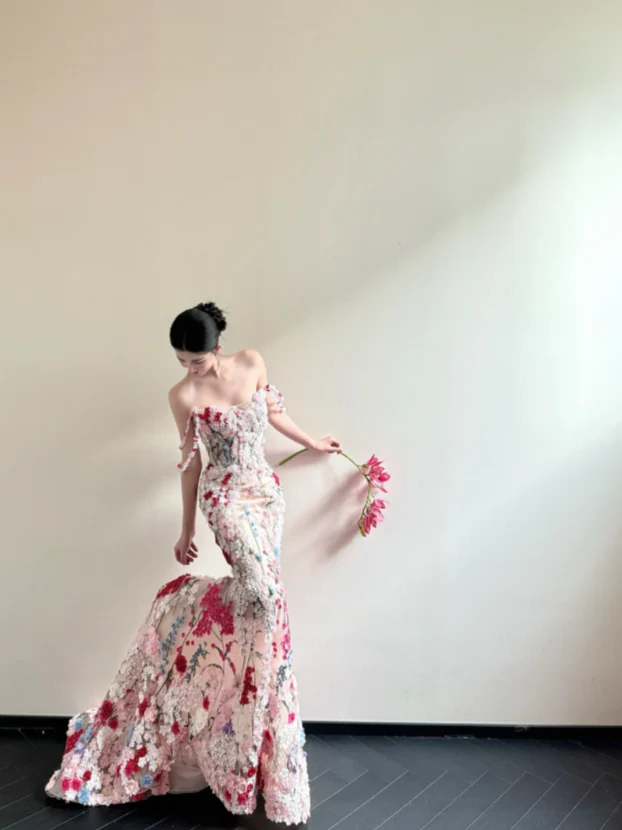 Fairy Off-the-Shoulder Mermaid Long Prom Dresses Sleeveless Tulle 3D Applique Evening Dresses DP3837 - Deanwangkt