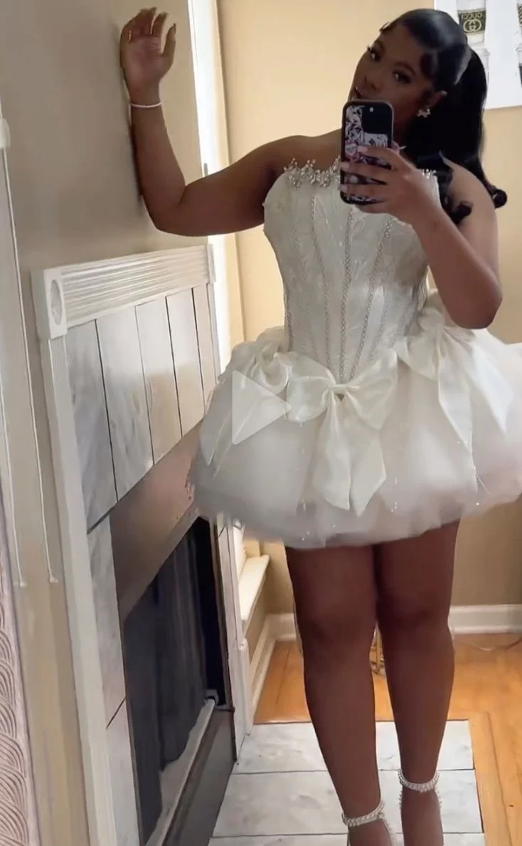 Sexy Ball Gown Strapless White Tulle Short Summer Birthday Dress Hoco Dress Birthday Outfit 18th Birthday Mini Party Dresses DP1047 - Deanwangkt