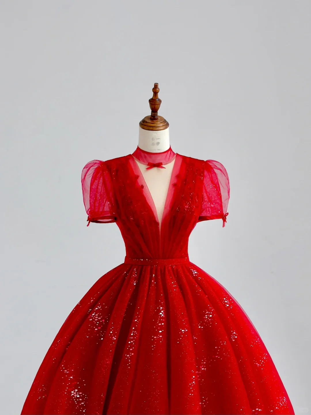 Elegant Glamour Ball Gown V Neckline Short Sleeves Red Tulle Prom Dress Party Dress Long Evening Dresses DP1521 - Deanwangkt