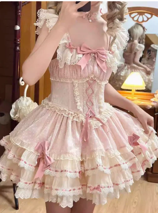 Vintage Pink Ball Gown Spaghetti Straps Lace Tulle18th Birthday Dress Lolita Dress Short Lolita Outfits DH2728 - Deanwangkt