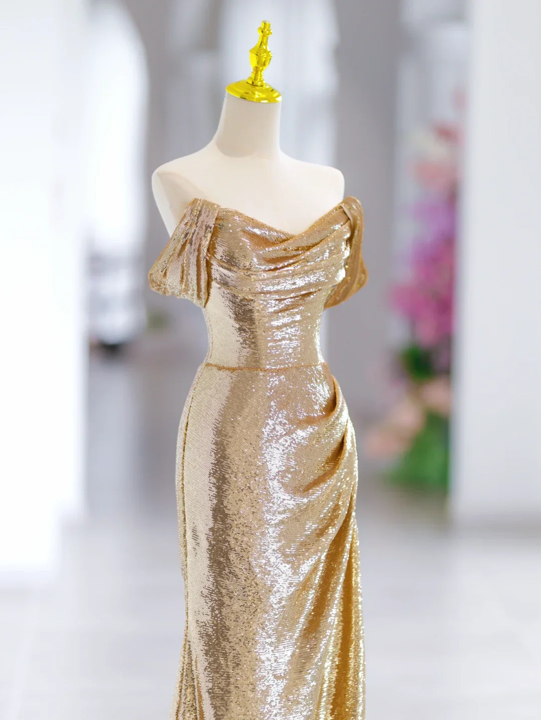 Modest Mermaid Off The Shoulder Gold Sequin Long Evening Party Gowns Evening Dress Special Formal Dresses Prom Dress DH2791 - Deanwangkt