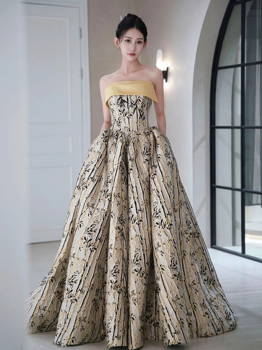 Classy Ball Gown Strapless Satin Floral Evening Dress Long Prom Dresses H2866 - Deanwangkt