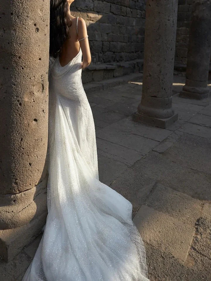 Stunning White Backless Mermaid Shiny Prom Gown Wedding Dress Party Dress Formal Wear Dresses DP606 - Deanwangkt