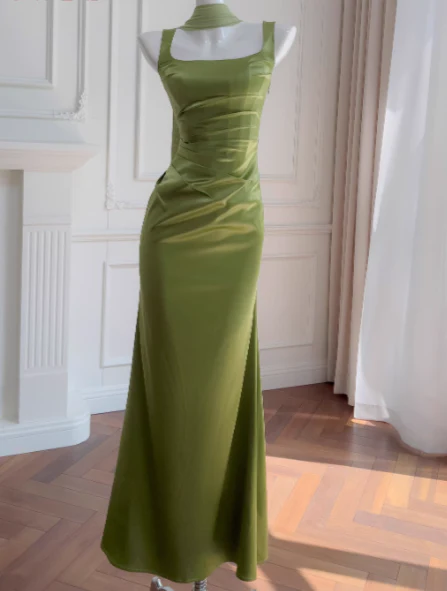 Glam Square Neck Sheath Evening Dresses Satin Green Wedding Guest Dresses DP3207 - Deanwangkt