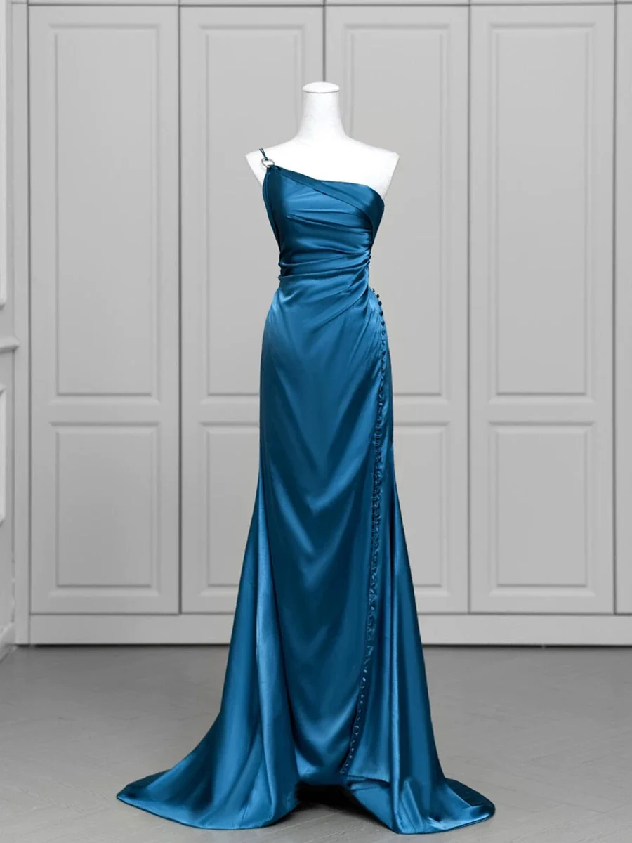 Classy Mermaid One Shoulder Blue Satin Evening Dress Long Prom Dresses H2869 - Deanwangkt