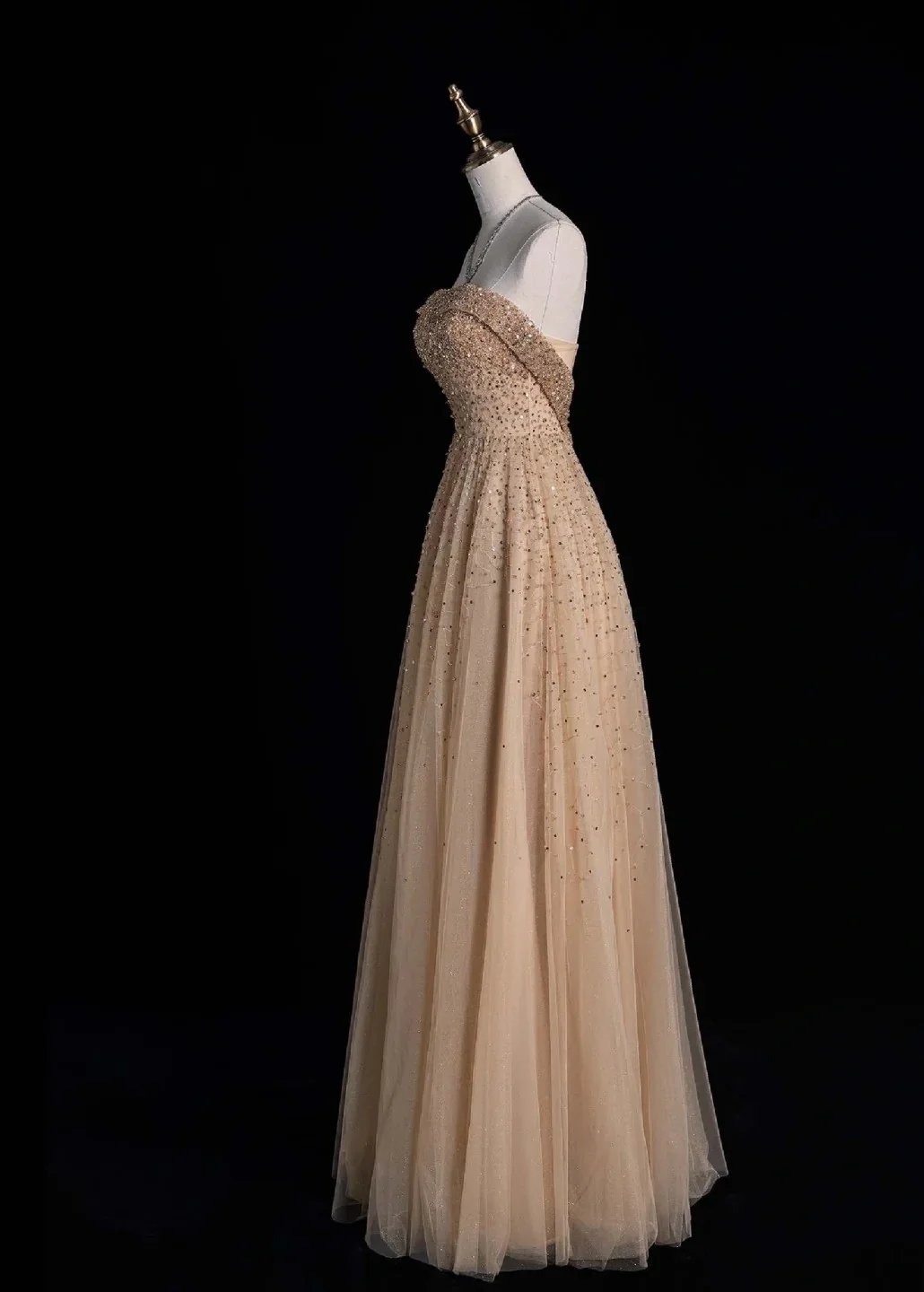 Cute Strapless A-line Long Prom Dresses Sequined Tulle Pastel Orange Evening Dresses DP3728 - Deanwangkt