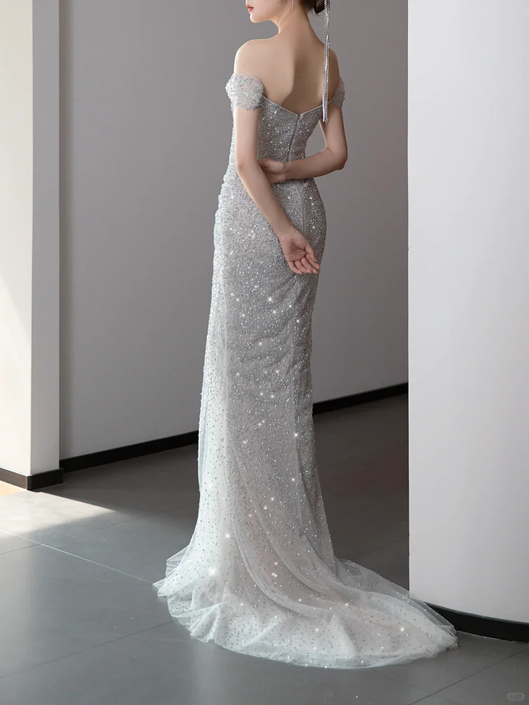 Gorgeous Mermaid Off The Shoulder Silver Gray Sequin Long Prom Dresses Graduation Dresses DP671 - Deanwangkt