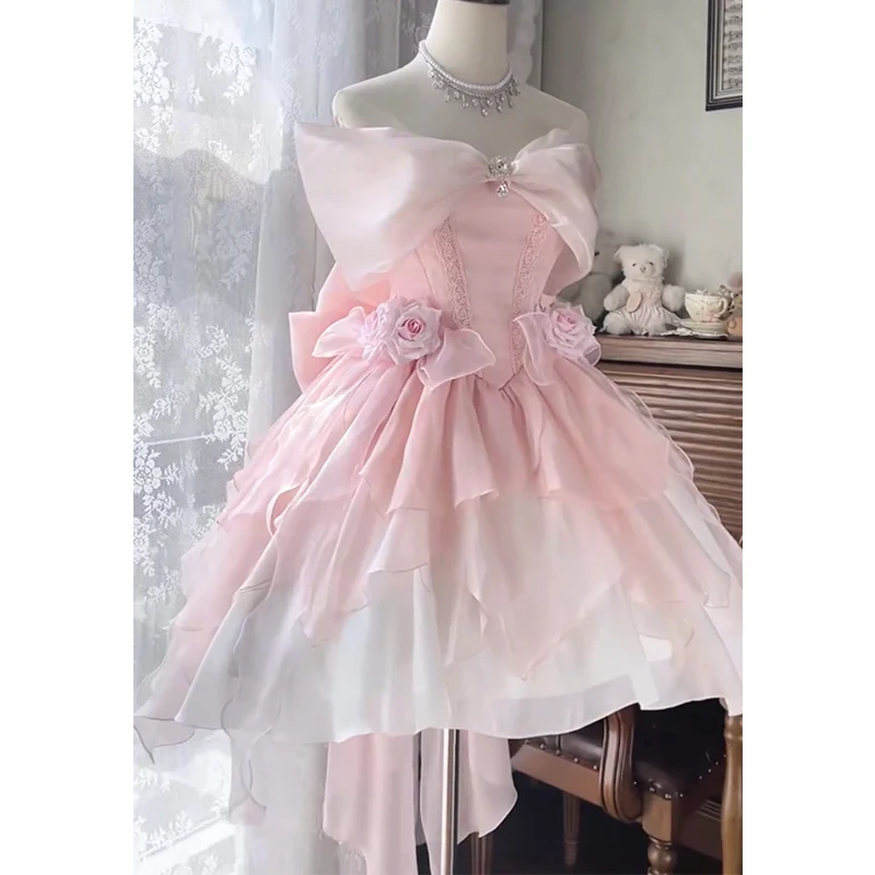 Vintage Ball Gown Off The Shoulder Pink Mini Summer 16th Birthday Dress Lolita Dress Mini 18th Birthday Outfits Short Lolita Outfit DH2426 - Deanwangkt