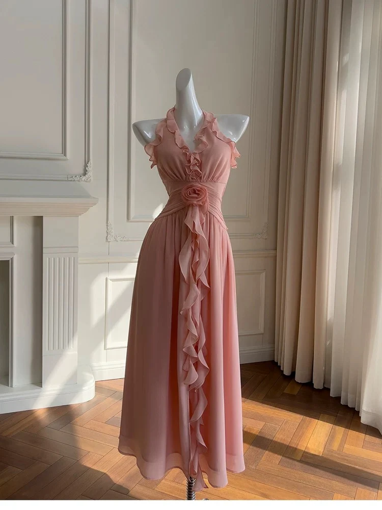 Elegant A line Blush Pink Sleeveless Chiffon Long Evening Party Gowns Evening Formal Dresses Prom Dress W890 - Deanwangkt