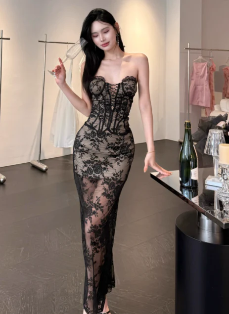 Elegant Strapless Sheath Lace Long Prom Dresses, Black Evening Dresses DP3106 - Deanwangkt